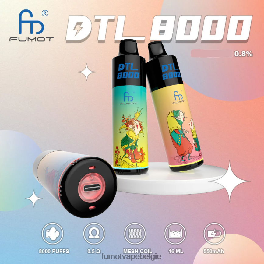 Fumot vape Belgie LX0PBF422 perzik ijs 8000 wegwerp-vape-pen - 16 ml (1 stuk) Fumot DTL